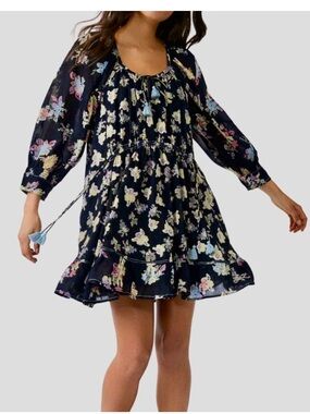 Free People Camella Floral Mini Dress Navy Boho Tassel Tie Long Sleeve Size M